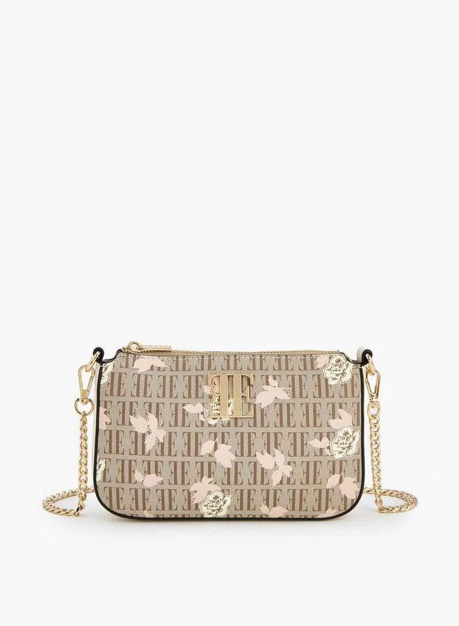 ELLE Floral Monogram Print Crossbody Bag With Chain Strap